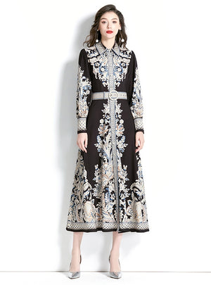 Retro Lapel Lantern Sleeve Printed Dress