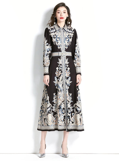 Retro Lapel Lantern Sleeve Printed Dress