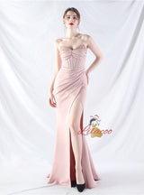 Memraid Strapless Pleats Beading Split Prom Dress