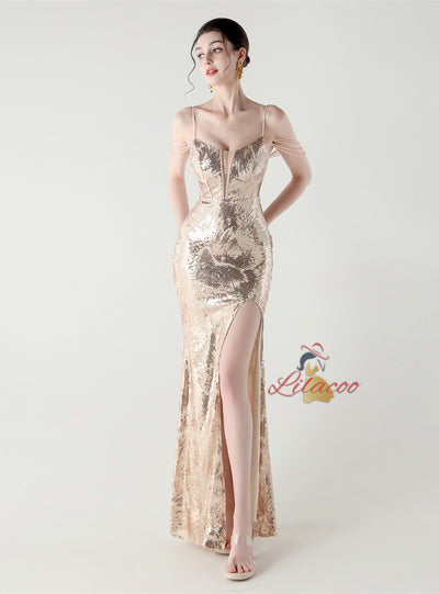 Mermaid Sequins Spaghetti Straps Split Beading Prom Dress