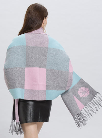 Plaid Fringed Knit Cardigan Shawl