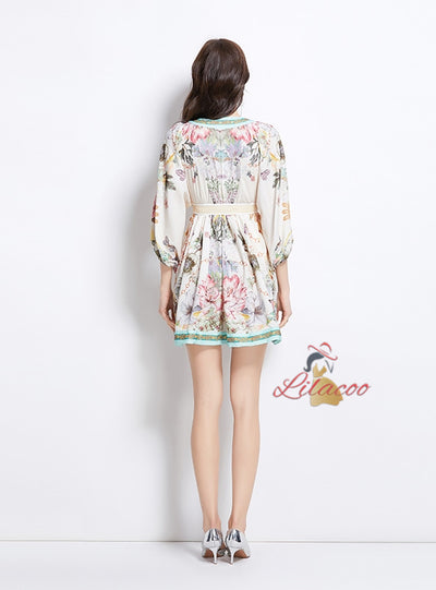 Retro Slim V-neck Breasted Printed Dress