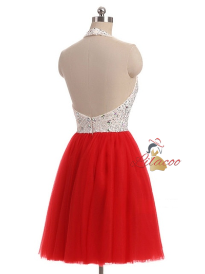 Red Tulle Halter Beading Homecoming Dress