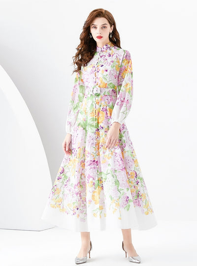 Retro Palace Lantern Sleeve Printed Long Dress