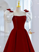 Burgundy Square Puff Sleeve Prom Dress