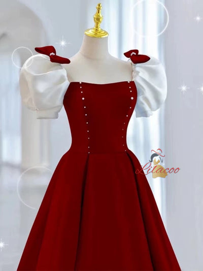 Burgundy Square Puff Sleeve Prom Dress