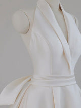 Simple Ivory Satin V-neck Wedding Dress