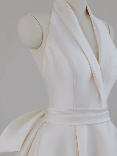 Simple Ivory Satin V-neck Wedding Dress