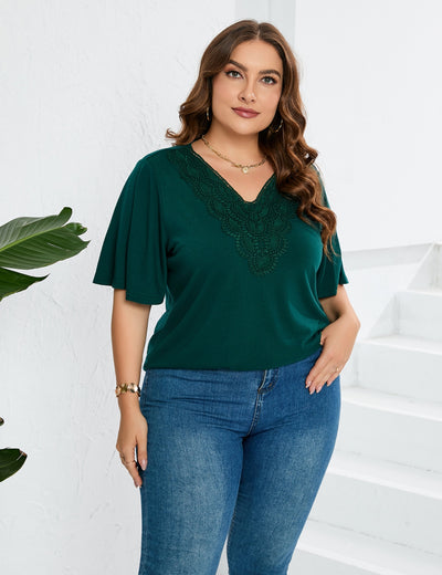 Horn Sleeve Short Sleeve Lace Stitching T-shirt