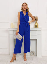 Sleeveless V-neck Lotus Leaf Pleated Jumpsuit
