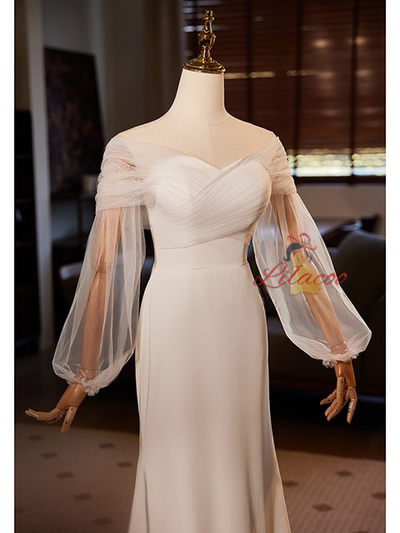 Sexy White Mermaid Long Sleeve Pleats Wedding Dress