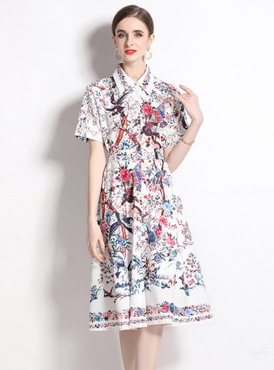 Shirt Lapel Short Sleeve Printed Big Swing Dress