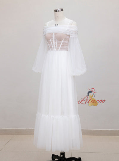 White Tulle Long Sleeve Prom Dress