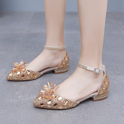 Flat-heeled Pointed Crystal Buckle Bridal Shoes