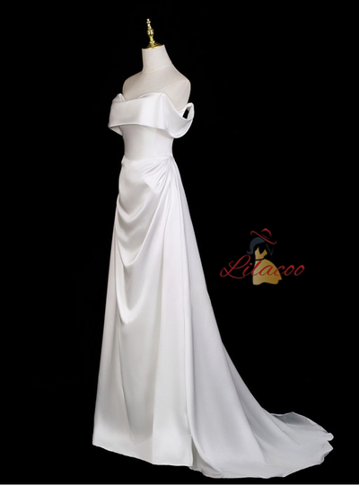 White Satin Off the Shoulder Wedding Dress