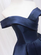 Navy Blue Satin Off the Shoulder Pleats Homecoming Dress