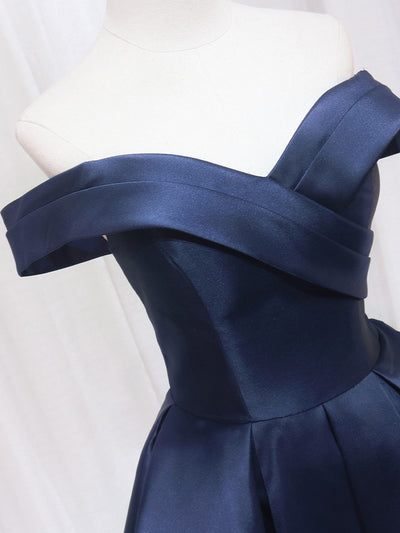 Navy Blue Satin Off the Shoulder Pleats Homecoming Dress