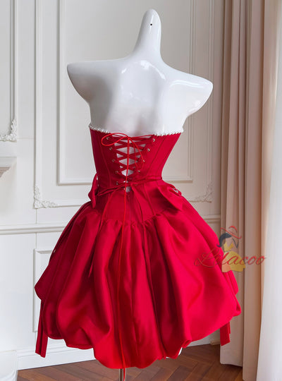 Red Satin Strapless Beading Prom Dress