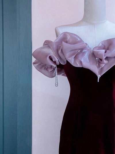Burgundy Mermaid Velvet Beading Prom Dress