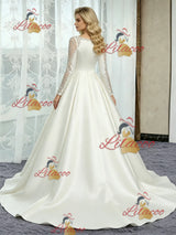 Ivory Satin Long Sleeve Beading Wedding Dress
