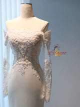 White Mermaid Long Sleeve Appliques Wedding Dress