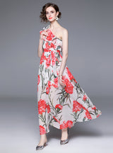 Flounce Sea Side Holiday Printed Chiffon Dress