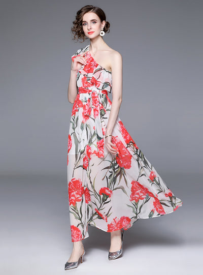Flounce Sea Side Holiday Printed Chiffon Dress