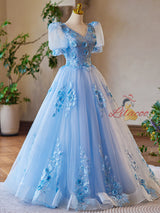 Blue Tulle V-neck Puff Sleeve 3D Flower Prom Dress