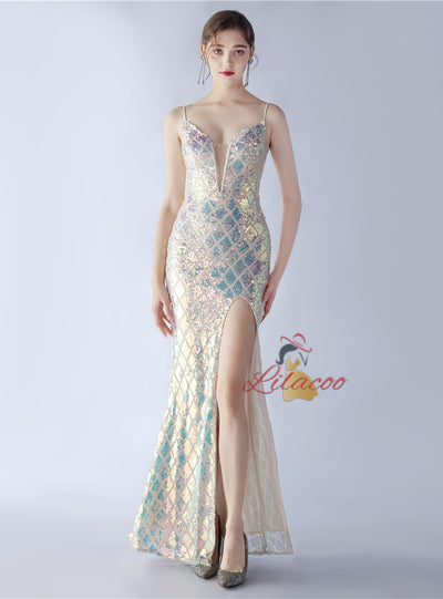 Mermaid Sequins Spaghetti Straps Split Prom Dress