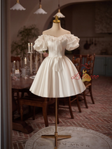 White Satin Puff Sleeve Wedding Dress