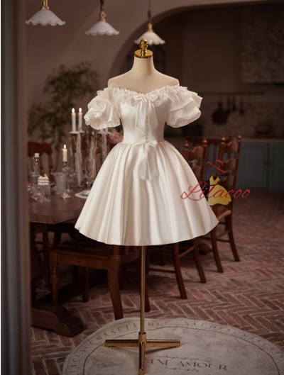 White Satin Puff Sleeve Wedding Dress