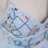 Light Blue Tulle Straps Beading Prom Dress