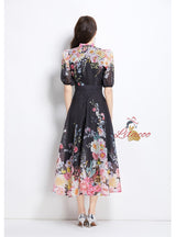Bow Bubble Sleeve Long Printed Dress