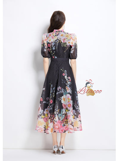 Bow Bubble Sleeve Long Printed Dress