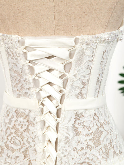 White Lace Strapless Pearls Homecoming Dress