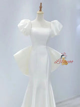 White Mermaid Satin Puff Sleeve Backless Wedding Dress