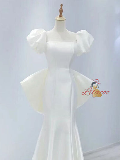 White Mermaid Satin Puff Sleeve Backless Wedding Dress