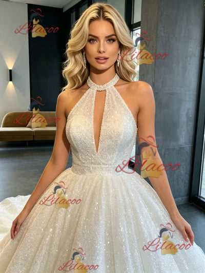 White Sequins Halter Backless Wedding Dress