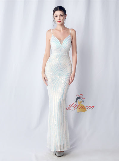 Spaghetti Straps Mermaid Sequins Prom Dress