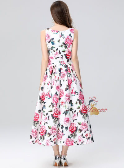 Retro Slim Waist Sleeveless Printed Dress