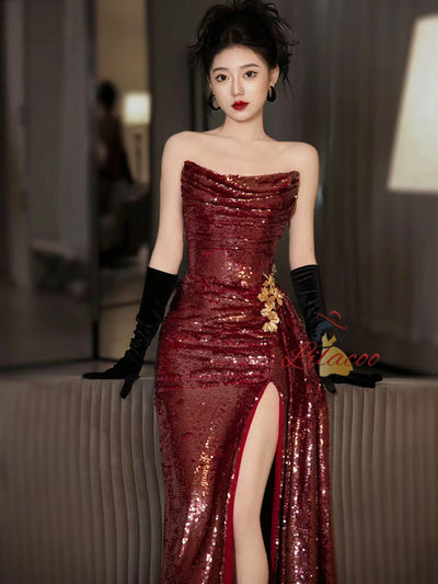 Burgundy Mermaid Sequins Pleats Prom Dress