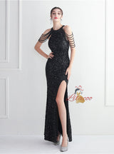 Halter Mermaid Sequins Split Beading Prom Dress