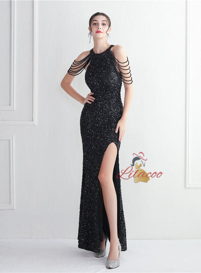 Halter Mermaid Sequins Split Beading Prom Dress