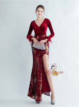 Velvet Sequins Long Sleeve V-neck Prom Dress