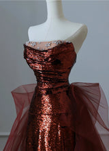 Burgundy Mermaid Sequins Tulle Crystal Prom Dress