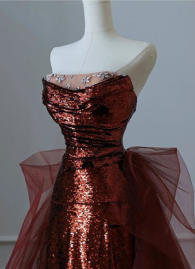 Burgundy Mermaid Sequins Tulle Crystal Prom Dress