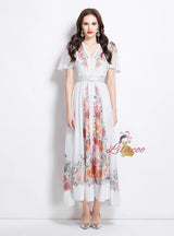 Deep V-neck Button Printed Holiday Dress