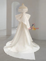 White Mermaid Satin Bow Off the Shoulder Wedding Dress