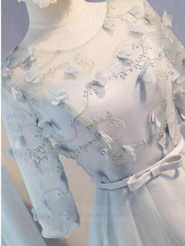 Gray Tulle Short Sleeve 3D Flower Homecoming Dress