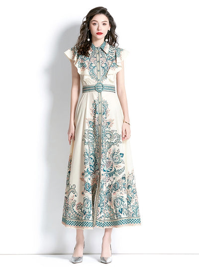 Palace Style Lapel Sleeveless Print Long Dress